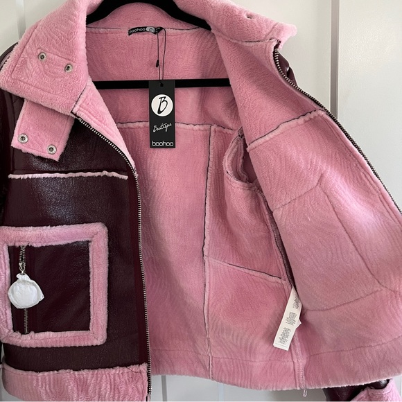 Boohoo Women’s Faux Fur/Leather Lined Sherling Burgundy/Pink Crop Trucker Jacket - Picture 4 of 12